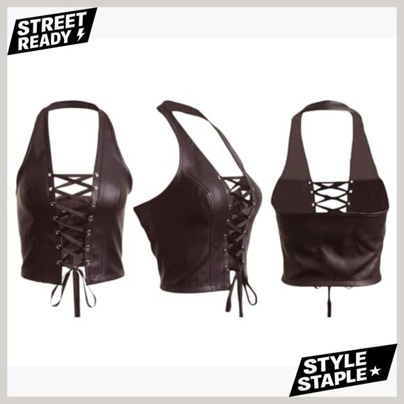 Women's Halter PU Leather Crop Top Lace Up Bandage Criss Cross Camisole - Picture 4 of 4